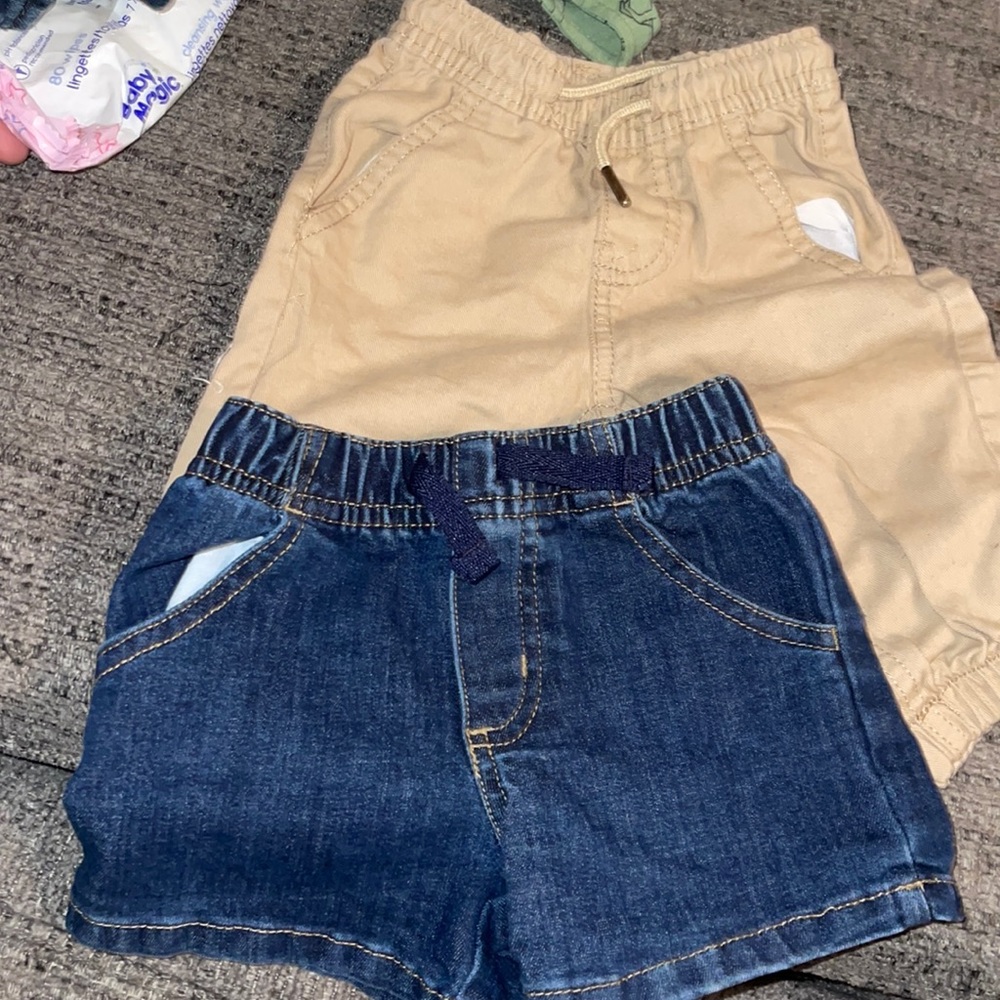 pair of shorts & tan pants
